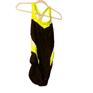 Nike Victory Color Block Power Back Tank Swimsuit Size 12 black neon yellow